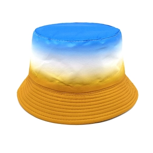 Detailed view of children rainbow bucket hat with multi-row stitching on brim