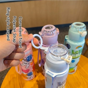 Cartoon astronaut kids water bottle with bounce lid, handle and carry strap, BPA-free