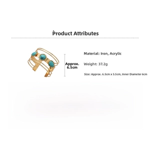 Detailed specs of multilayer gold bangle with turquoise acrylic stones and size markers
