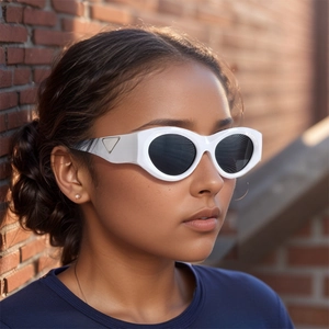 Close-up of white cat-eye sunglasses with wide frames and triangle metal temple detail