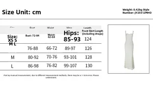 Detailed size chart for lace slip maxi dress showing bust, waist and hip measurements