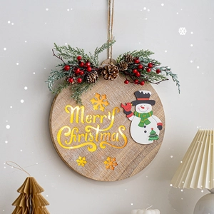 Rustic Merry Christmas wooden door sign with cute snowman, pine cones and red berries decor