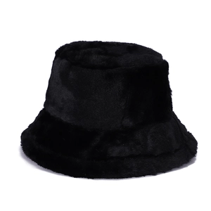 Minimalist black faux fur bucket hat with soft plush texture for winter outdoor warmth