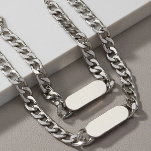 Mens silver cuban link chain necklace and bracelet set with rectangular metal plates