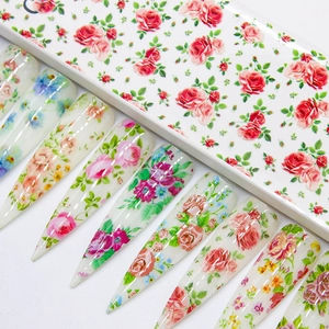 10-color floral nail art transfer foils featuring vintage pink and red rose patterns