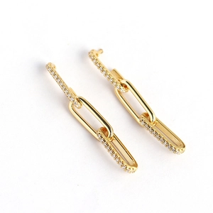 Golden S925 silver geometric paperclip chain earrings with white zircon pave setting