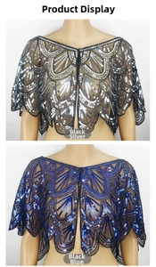 Detail of sequin capelet in black silver and black blue with wave patterns