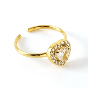 Anello regolabile in acciaio placcato oro 18k con zircone a cuore e pavé di cristalli
