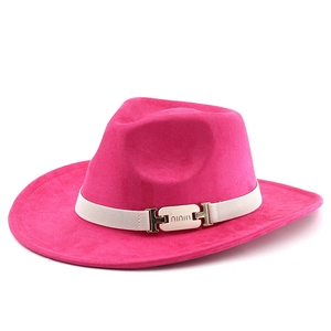 Fuchsia wide brim wool felt jazz hat with white woven band and gold metal buckle detail