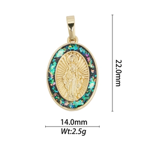 Detailed view of Virgin Mary 18k gold plated pendant with opal stones and measurements