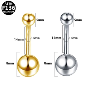 Detailed size chart for ASTM F136 titanium belly rings in gold and silver colors