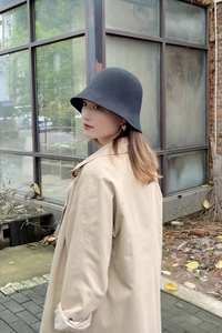 Gros plan d'un chapeau cloche en laine noire porté par un mannequin en trench-coat beige