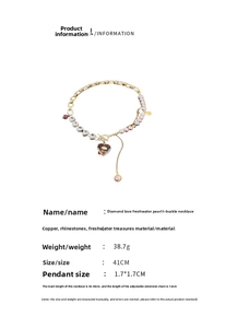 Detailed specs of gold heart freshwater pearl necklace with diamond accents and toggle clasp