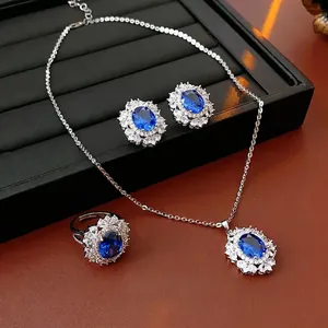 Gioielli Lusso Vintage Collana Orecchini Anello Donne Rame Placcato Argento Pietra Blu Ovale Strass Halo