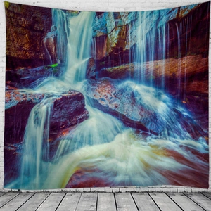 Detailed texture of waterfall nature landscape wall tapestry on white brick background