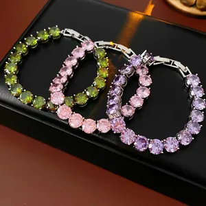Round Zircon Tennis Bracelet Elegant Copper Luxury Jewelry For Women Silver Tone Minimalist Style