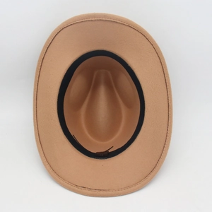 Internal view of wool felt fedora featuring black sweatband and size 57 label