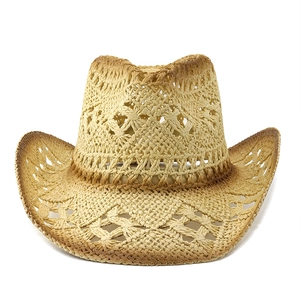 Vintage western hollow straw cowboy hat with gradient brown tones and windproof rope