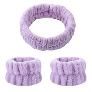Set de diadema y muñequeras de franela morada absorbente para lavar la cara