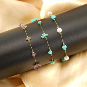 Bracelet 304 Stainless Steel 18K Gold Plated Natural Stone Artificial Pearl Sweet Beaded Jewelry Bohemian Style For Women