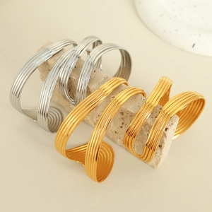 Exaggerated Multi-Layer Parallel Line Open Cuff Bangle Stainless Steel 18K Gold Plated Vintage Textured Bracelet Women