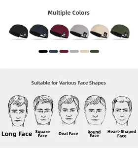Detail guide showing six colors of cotton brimless dock caps with face shape matching tips