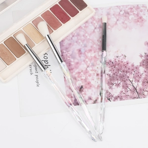 Detailed view of three crystalline eyeshadow brushes with multi-faceted iridescent handles