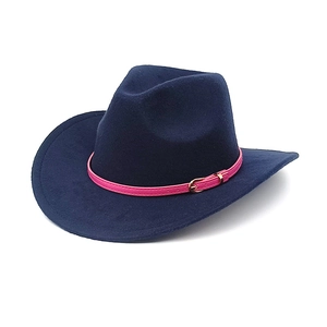 Detail of navy felt fedora hat with vibrant pink faux leather belt and gold buckle