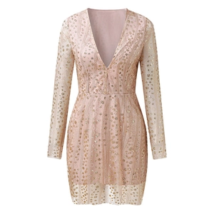 Pink V-neck long sleeve sequin mini dress with gold shimmer detail on mesh fabric
