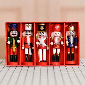 Five-piece set of 13cm wooden Christmas nutcrackers in a festive red display gift box