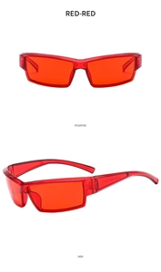 Front and side view of Y2K wraparound sports sunglasses with red frame and lenses