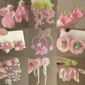 Pink Flower Petal Tassel Drop Earrings Fabric Mesh Faux Artificial Pearl Alloy With 925 Sterling Silver Earring Post Sweet Romantic