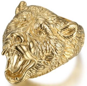 Gothic roaring bear head ring in gold stainless steel with detailed fur texture