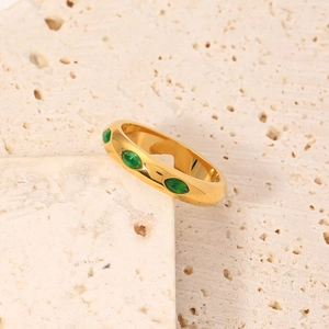 French vintage gold plated geometric ring with three emerald green marquise cut stones