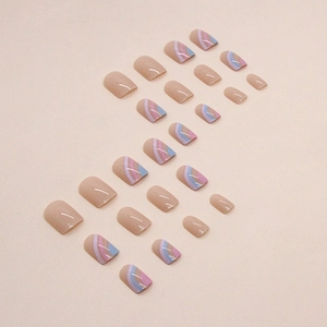 Short square press-on nails with nude base and colorful pastel striped designs