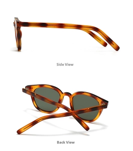 Side and back view of retro tortoiseshell sunglasses with dark UV lenses on white background