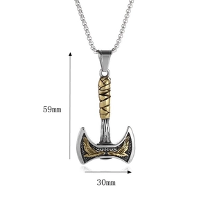 Viking double-sided battle axe pendant necklace for men in silver and gold steel