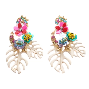 Colorful floral drop earrings with sequins and monstera leaves for bohemian beach style