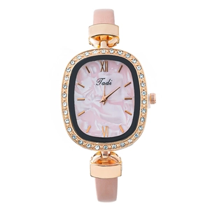 Women Quartz Watch Elegant Oval Alloy Case Rhinestone Bezel Marble Pattern Dial Faux Leather Strap Fashion Wristwatch
