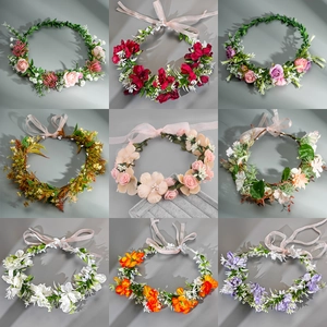 Floral Wreath Headband Handmade Cloth Flower Simulation Rose Adjustable Ribbon Bridal Wedding Party Photography Forest Style