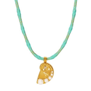 Bohemian turquoise braided rope necklace with golden shell pendant and white pearls