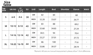 Tableau des tailles détaillé pour robe pull à manches longues avec mesures US, UK et EU