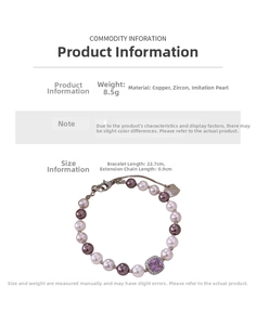 Detailed size and material specs for vintage pearl bracelet with purple zircon