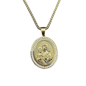 Pendentif Saint Joseph et Jésus en or hip hop avec pierres de zircone sur collier doré