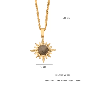 Detail of vintage sunburst pendant with grey stone and stainless steel chain specs