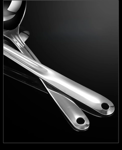 Detail of ergonomic 304 stainless steel handle with hanging hole and mirror finish