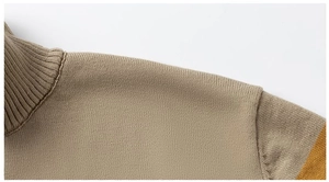 Detail of khaki slim fit sweater showing high collar stitching and fine knit texture