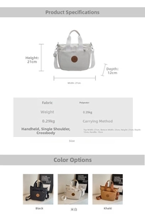 Détails du sac en toile montrant les dimensions 27x21x12cm en noir, beige et kaki