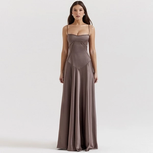 Elegant deep chocolate satin slip maxi dress with slim fit and flowing silhouette