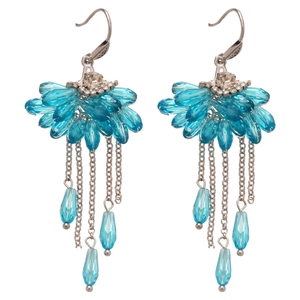 Blue zircon fan-shaped tassel drop earrings with crystal beads in silver finish